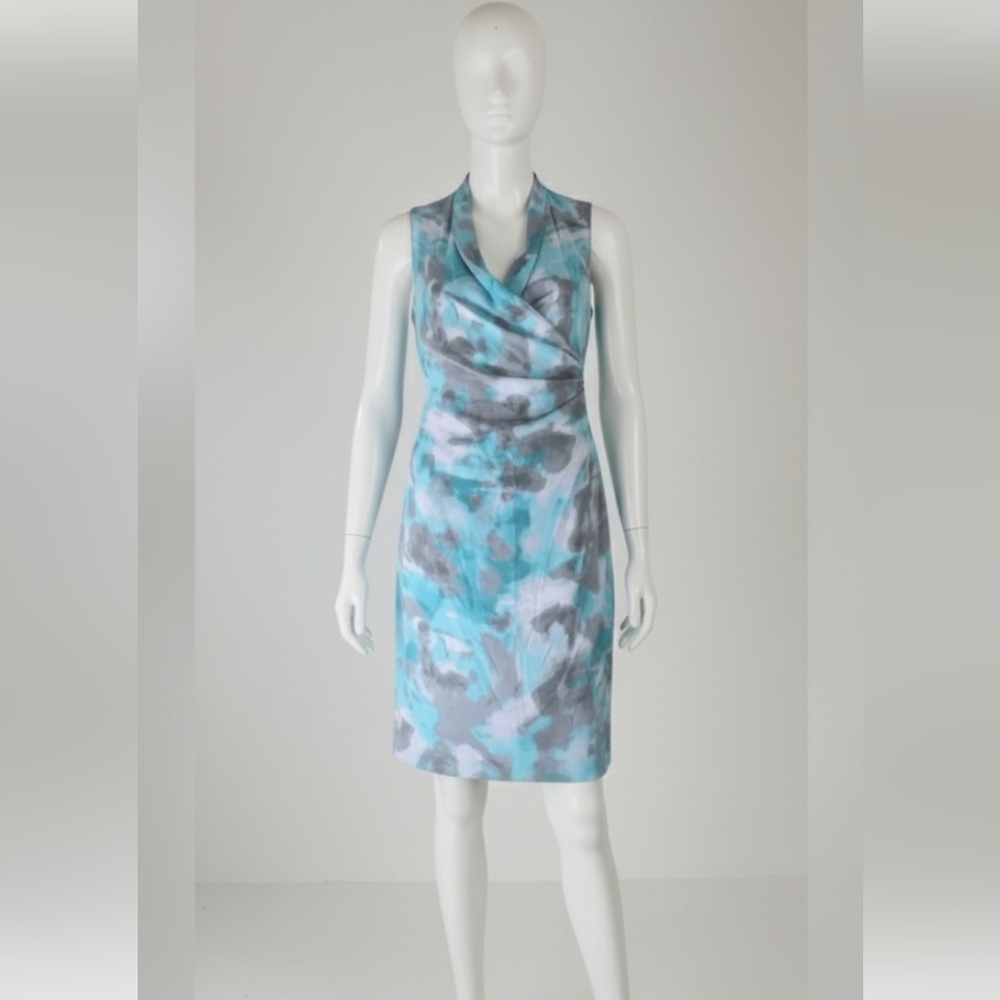 T Tahari Blue & Gray Watercolour Sleeveless V-Neck Draped Dress Sz Medium